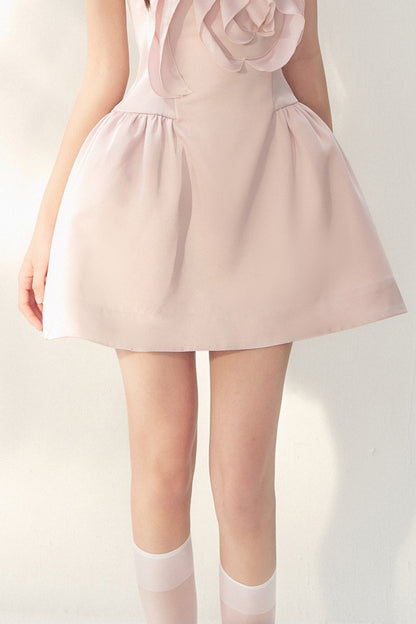 Pink Satin 3D Rose Halter Dress