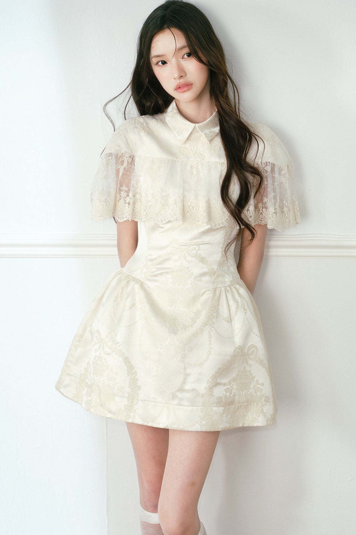 Champagne Satin Jacquard Cape-Style Puffy Dress
