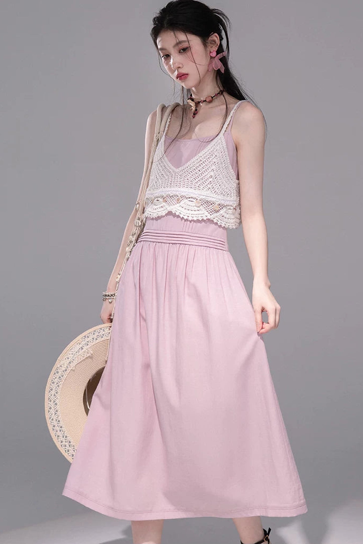 Peach Pink Crochet Dress Set