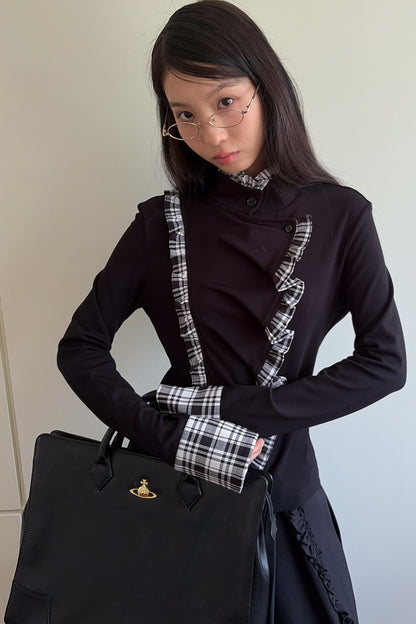 Plaid Ruffle Mock Collar Shirt