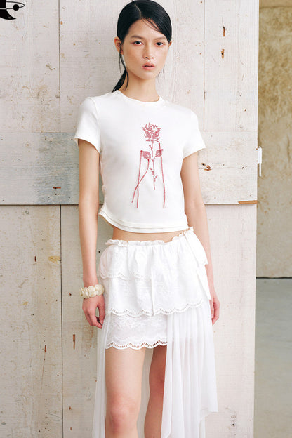 Rose Embroidery Slim Fit Short Sleeve T-Shirt