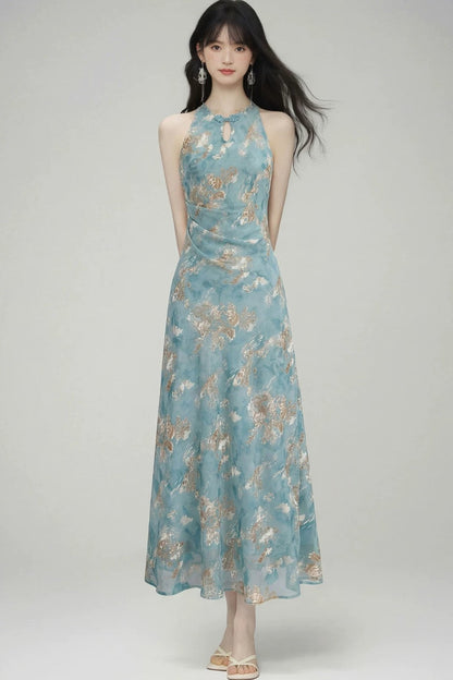 New Chinese Gold Jacquard Dress