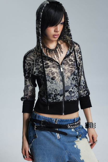 Gold Leopard Rivet Mesh Mid-Sleeve Top