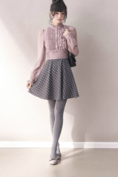 Gray-Purple Plaid Layered Pleated Stand-Collar Dress