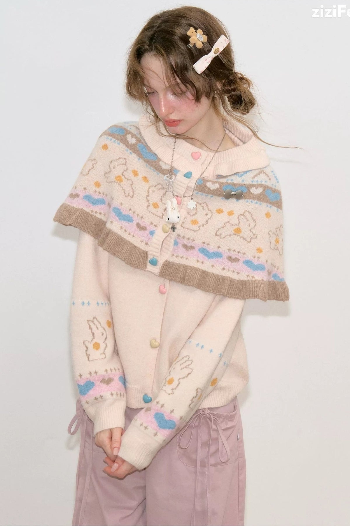 Ensemble cardigan en maille et châle abricot