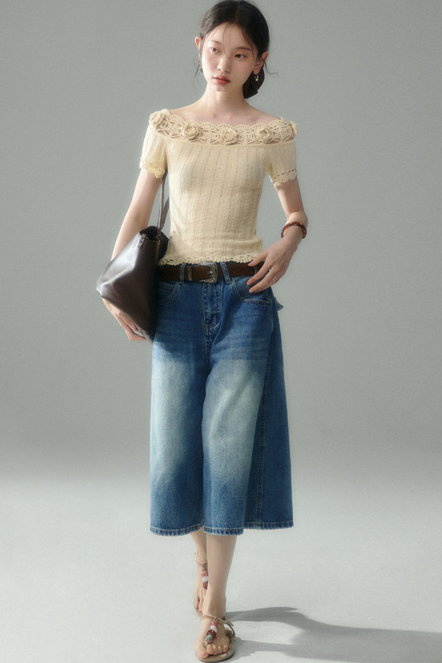 Handmade Crochet Camellia Off-Shoulder Knit Top
