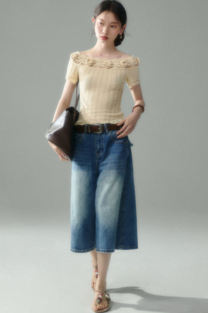 Handmade Crochet Camellia Off-Shoulder Knit Top