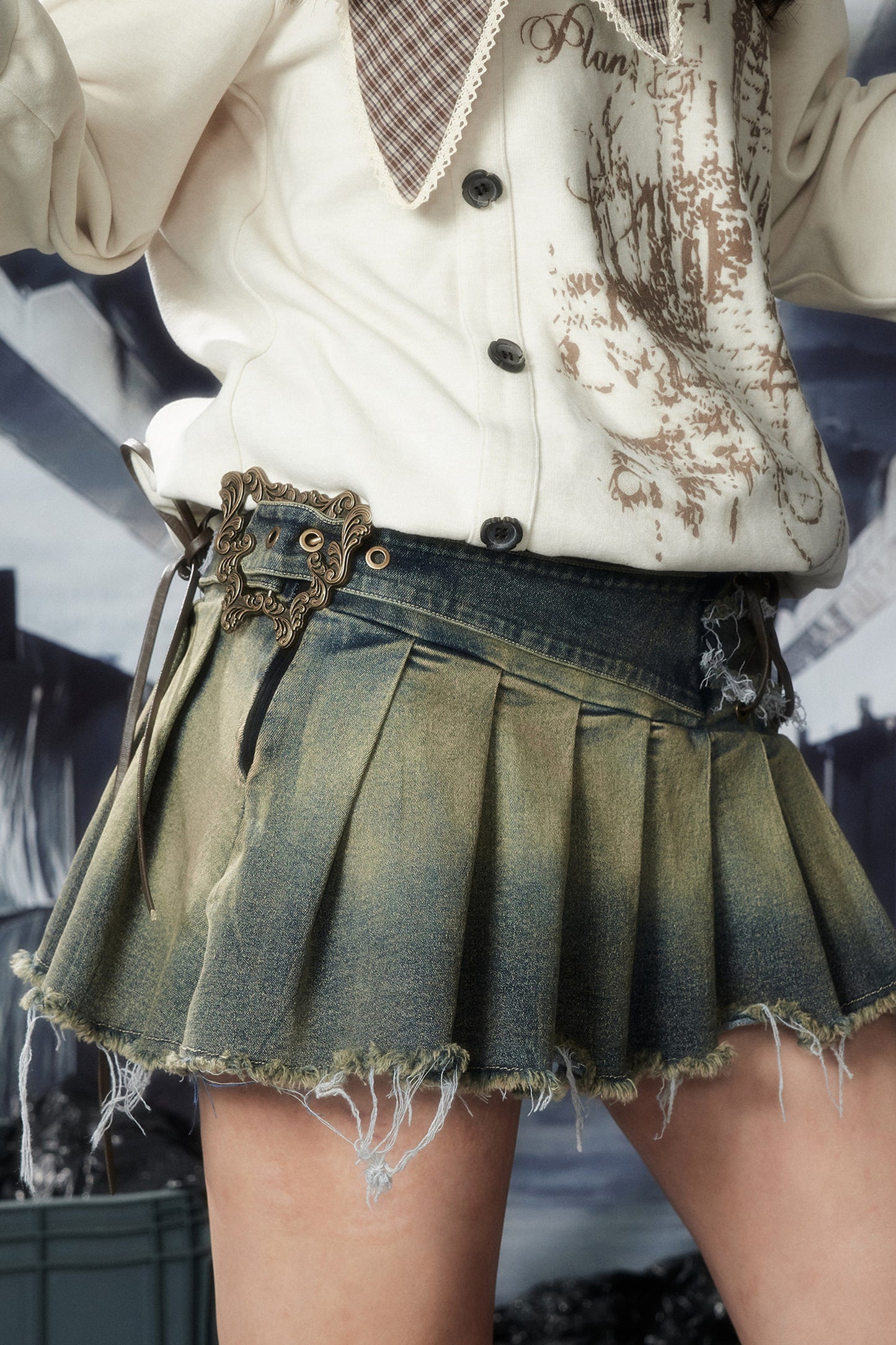 Vintage Denim Pleated Skirt