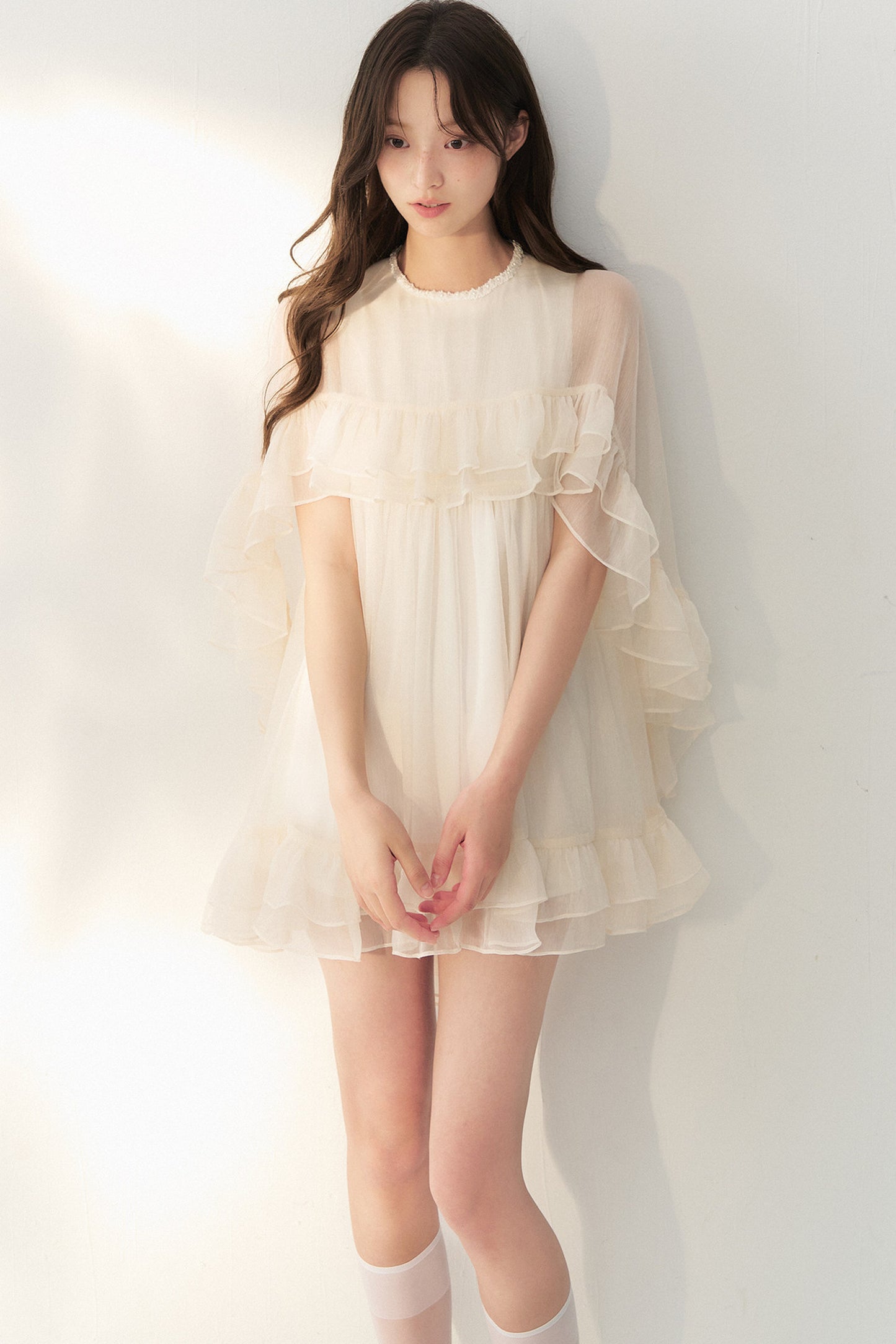 Beige Tulle Cape Ruffle Dress
