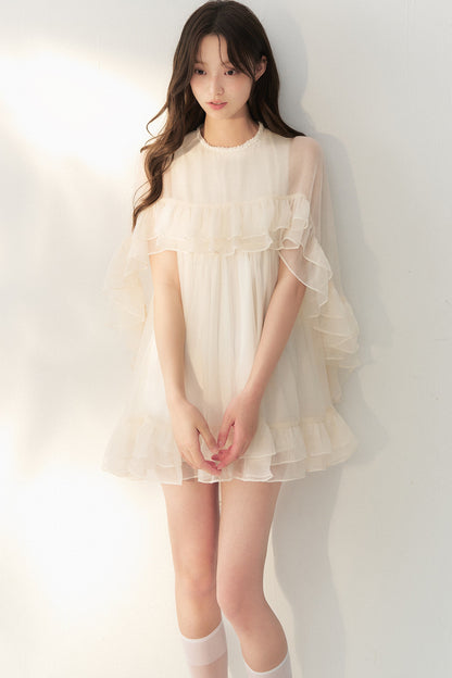 Beige Tulle Cape Ruffle Dress