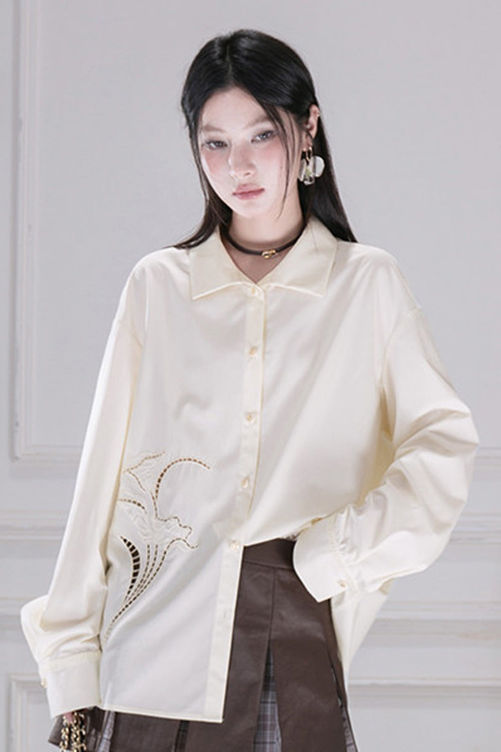 Hollow Out Floral Embroidered Modal Shirt