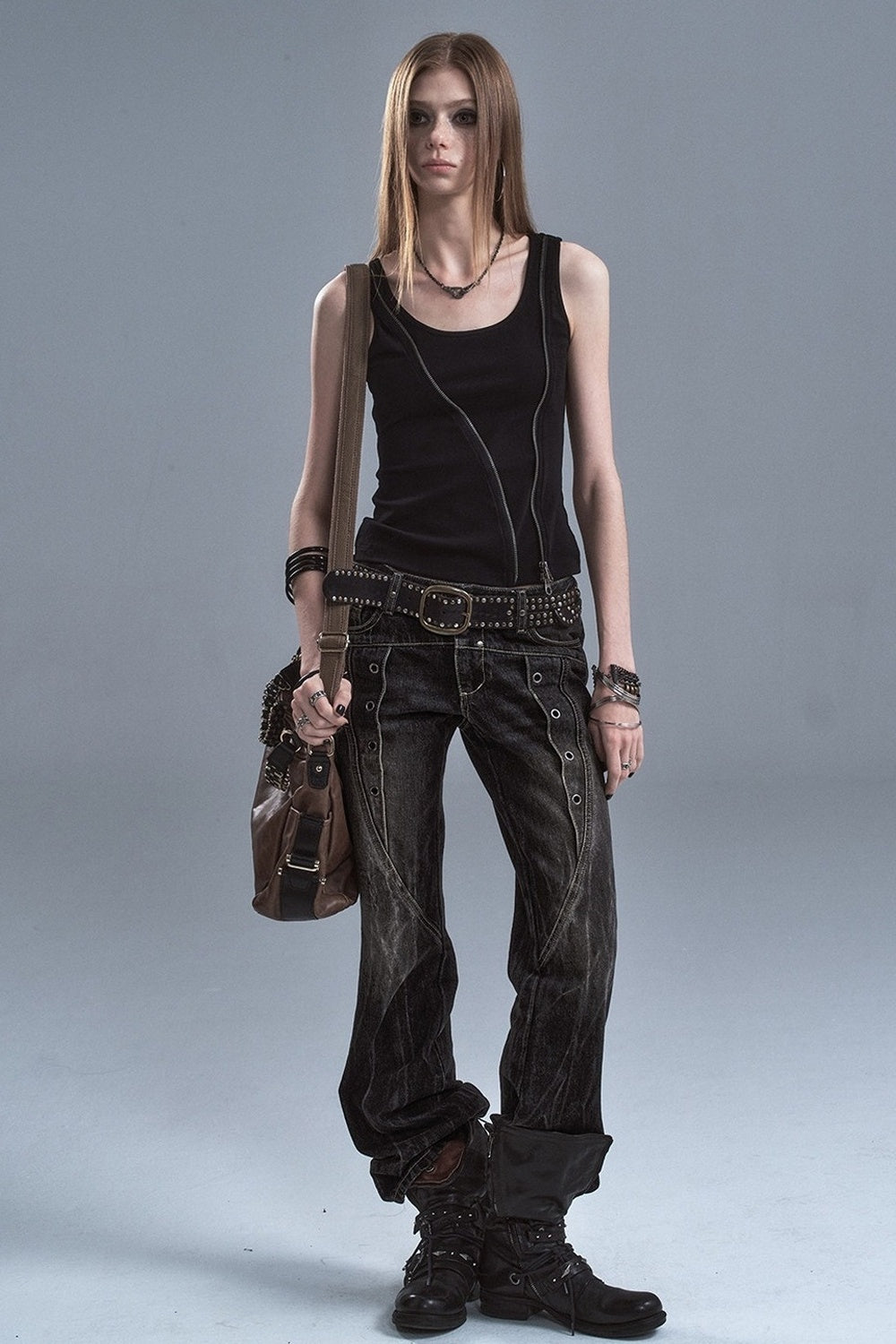 Washed Denim Flared Punk Pants