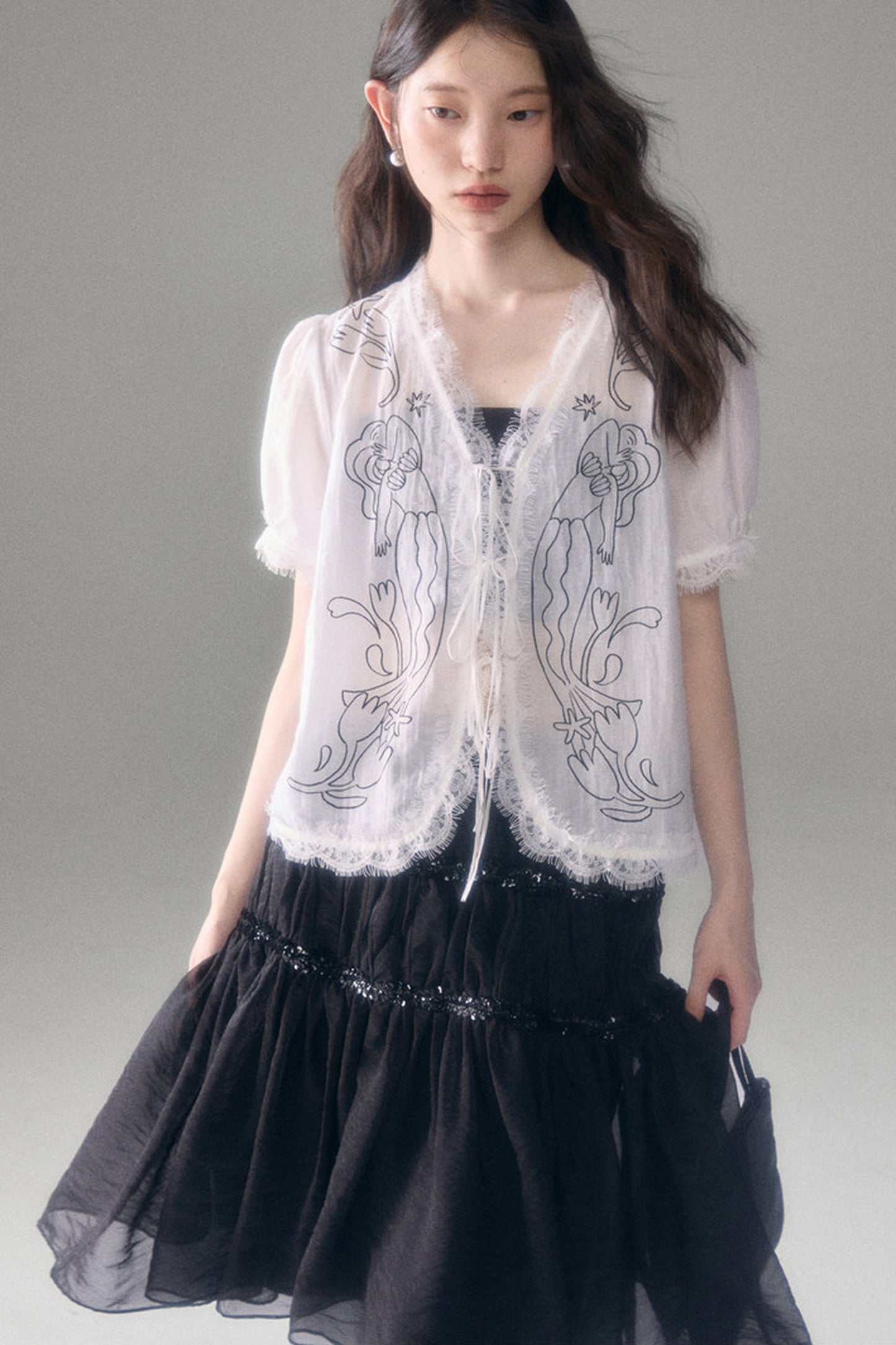 Mermaid Print Tencel Linen Short-Sleeve Shirt
