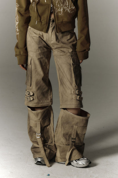 Detachable Washed Workwear Wide-Leg Pants