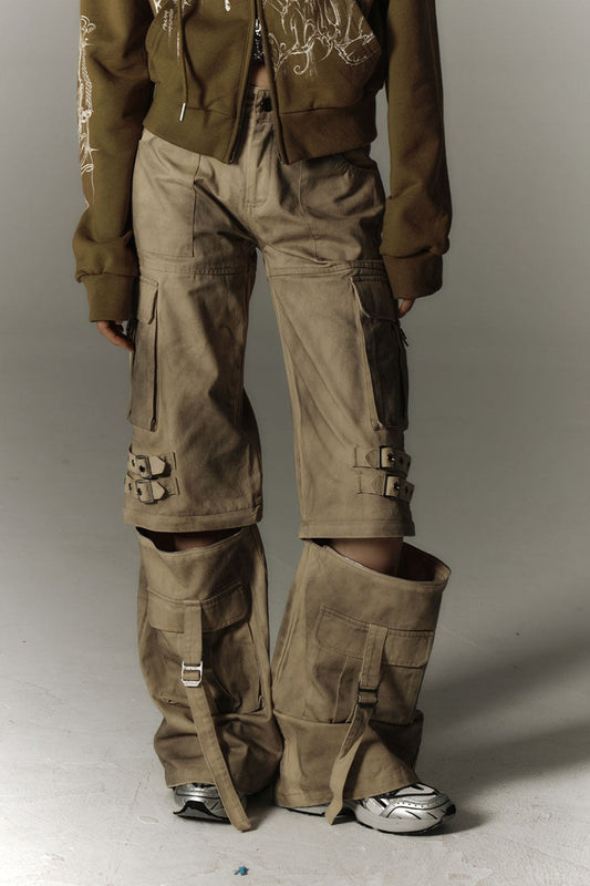Detachable Washed Workwear Wide-Leg Pants