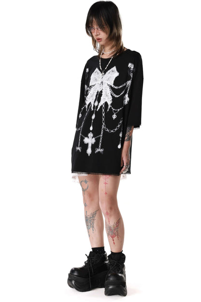 Gothic Bow Chain Rib Cage Lace T-Shirt