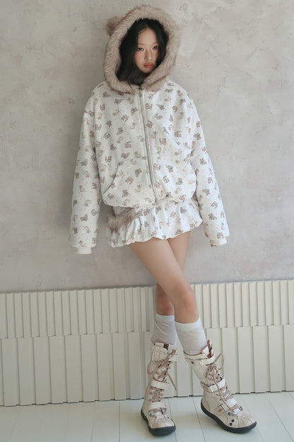 Manteau matelassé réversible à capuche avec imprimé chat