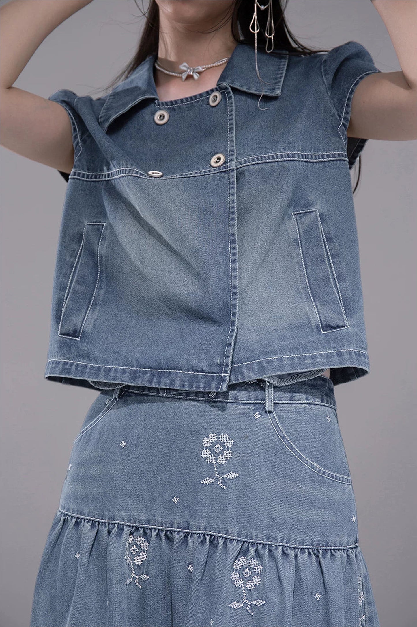 Gentle Denim Cropped Top and Skirt Set