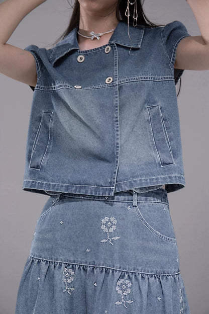 Gentle Denim Cropped Top and Skirt Set