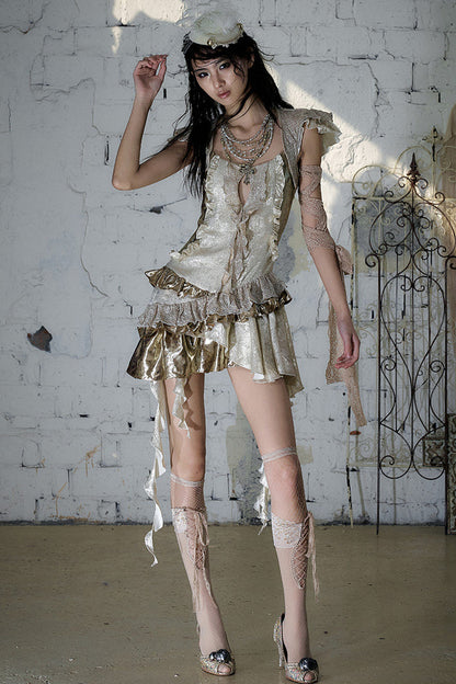 Baroque Gold Satin Ruffle Dress
