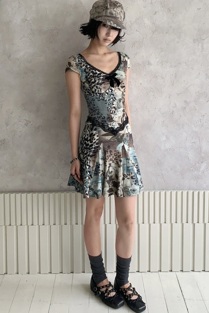 Sea Blue Leopard Floral Lace Dress