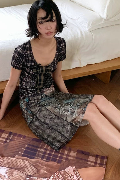 Asymmetrical Plaid Leopard Floral Midi Skirt