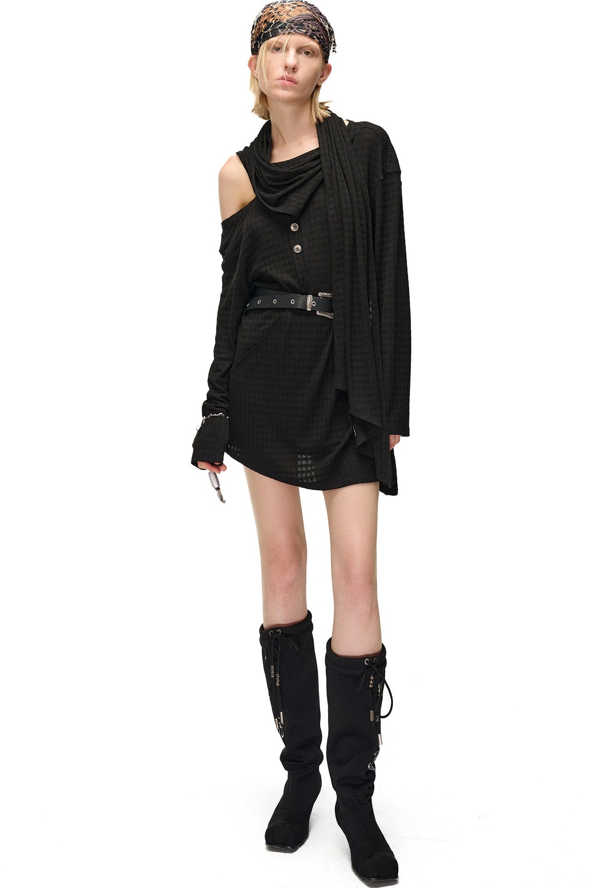 Multi-Wear Layered Waffle Off-Shoulder Ribbon Irregular Dress