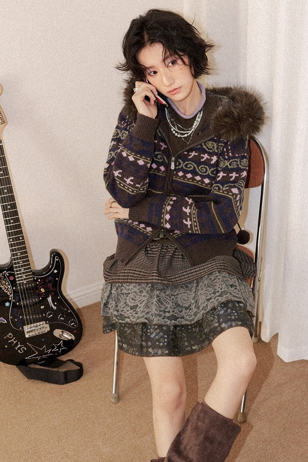 Detachable Fur Collar Fair Isle Hooded Cardigan
