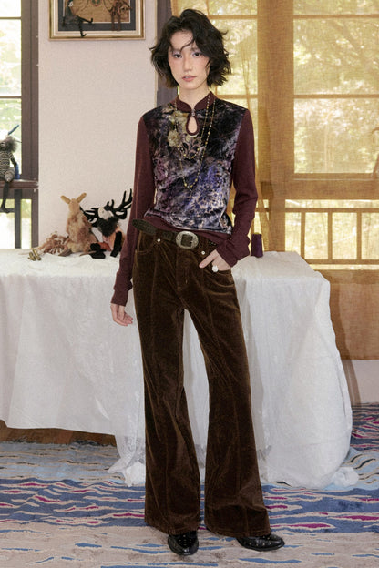 Mandarin Collar Velvet Long-Sleeve T-Shirt