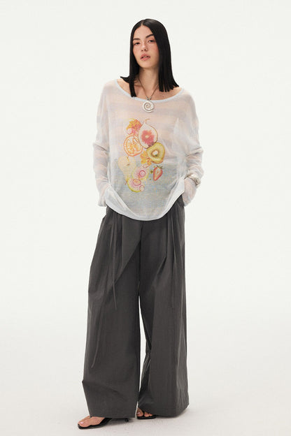 Gestreifte Bluse mit Fruchtprint und asymmetrischer Schulter