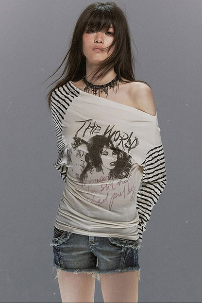 Punk Band Print Patchwork Striped Top