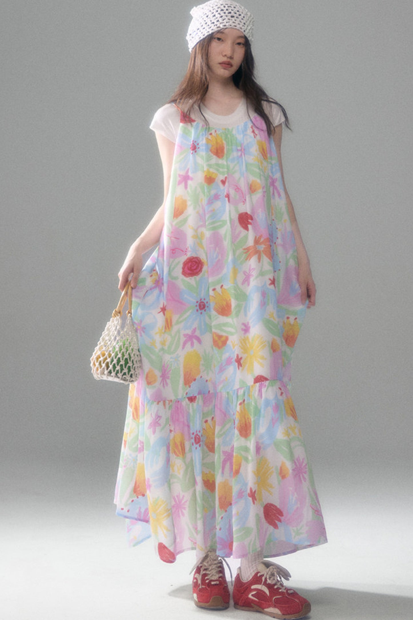 Hand-Painted Watercolor Flower Print Strap Dress