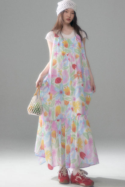 Hand-Painted Watercolor Flower Print Strap Dress