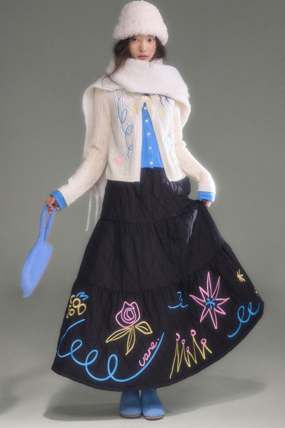 Floral Embroidered Quilted A-Line Tiered Skirt