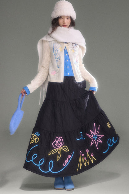 Floral Embroidered Quilted A-Line Tiered Skirt