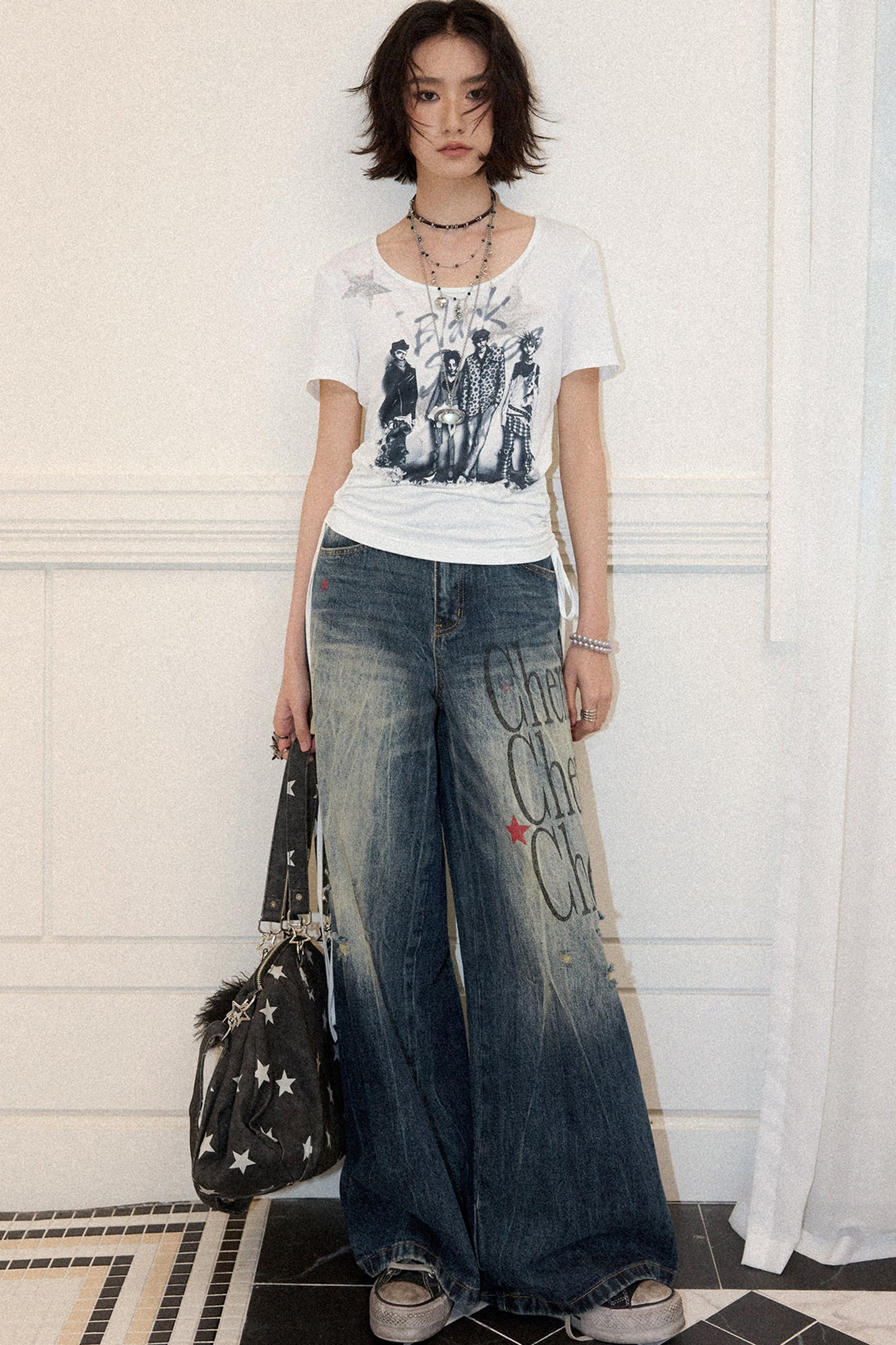 Portrait Print Drawstring Top