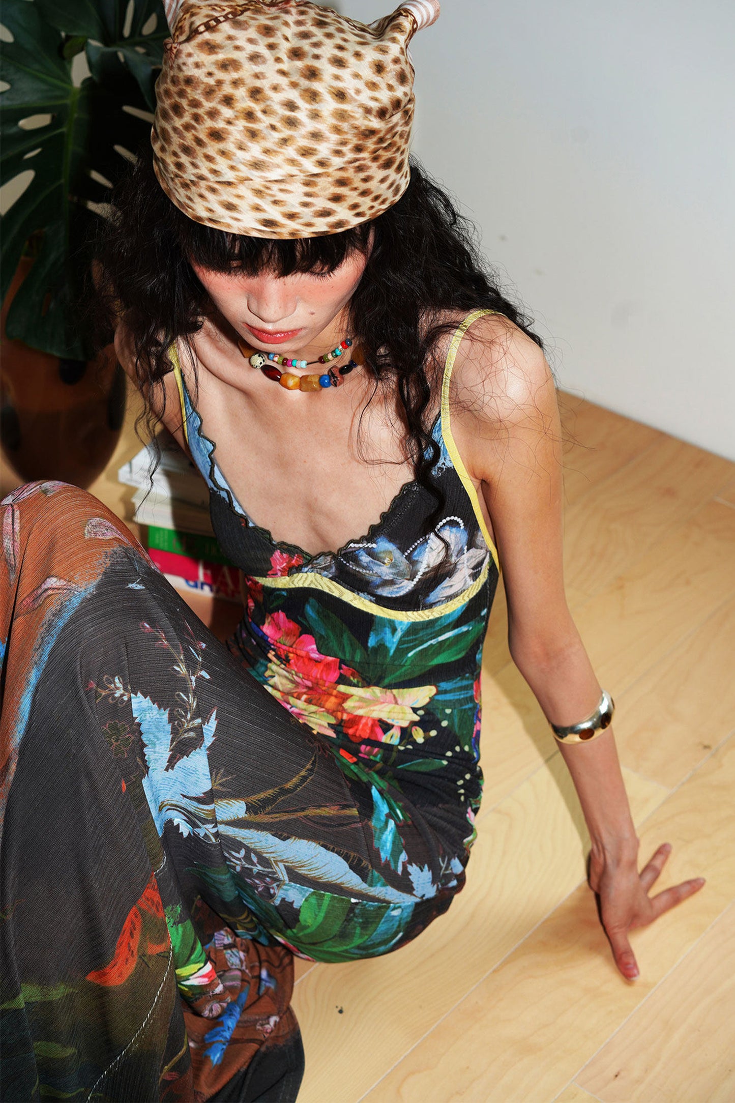 Chinese Print Lace Slip Dress