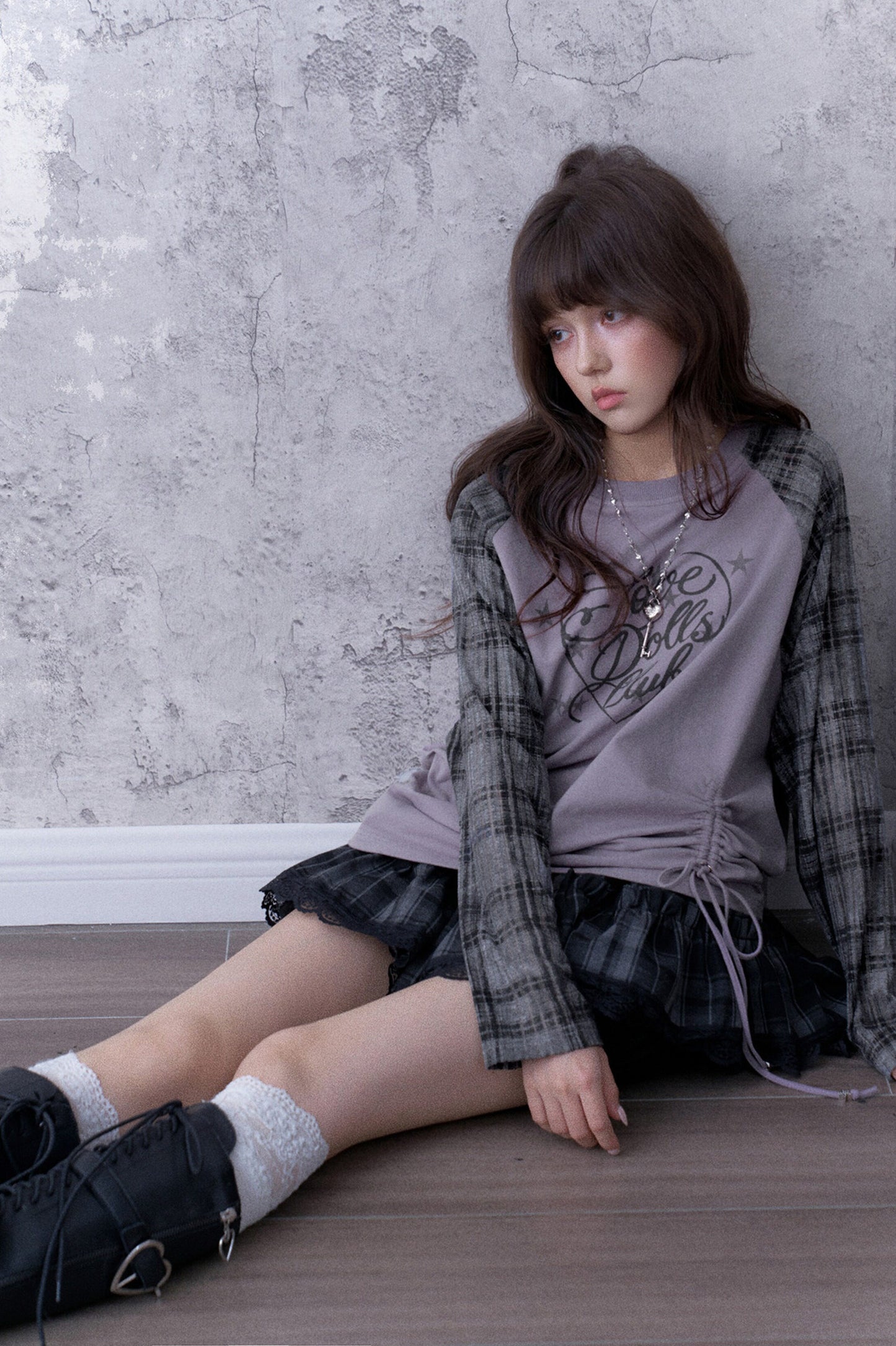 Gray-Purple Printed Raglan Drawstring T-Shirt and Skirt Set-Up