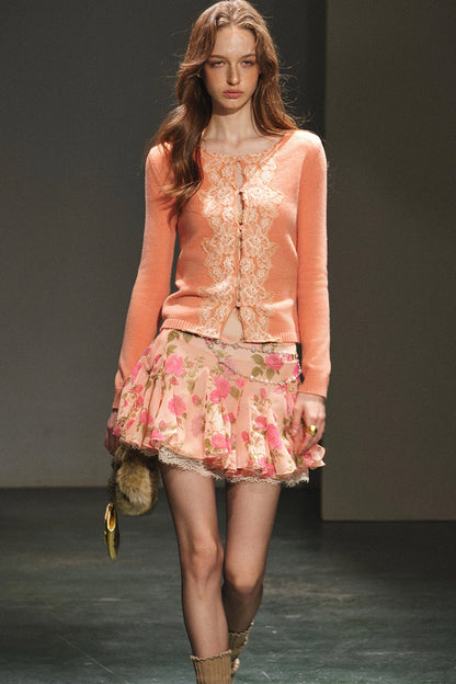 Lace Trim Wool Knit Cardigan and Chiffon Skirt