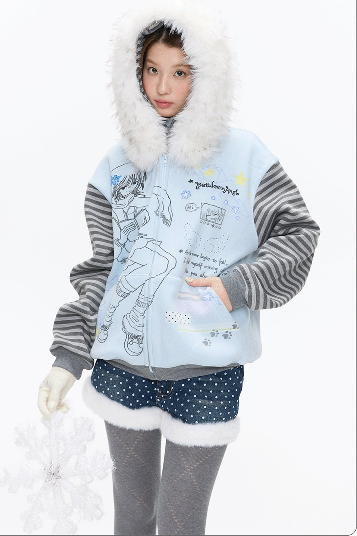 Striped Raglan Fur Collar Jacket