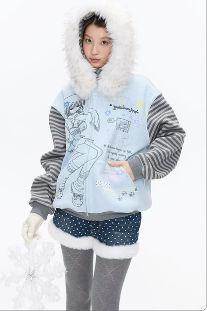Striped Raglan Fur Collar Jacket