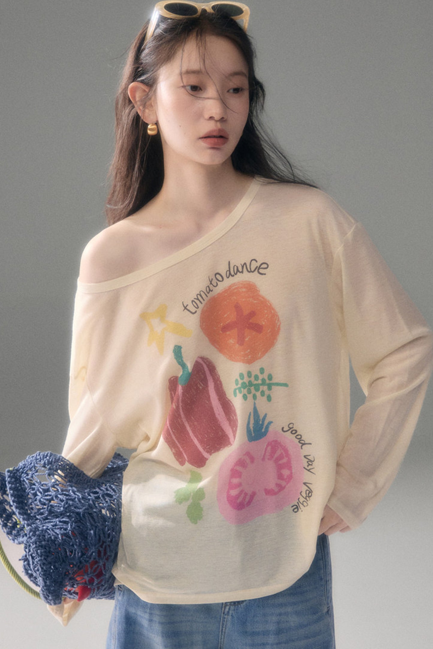 Long-Sleeve Fruit Vegetable Dog Print T-Shirt Set-Up