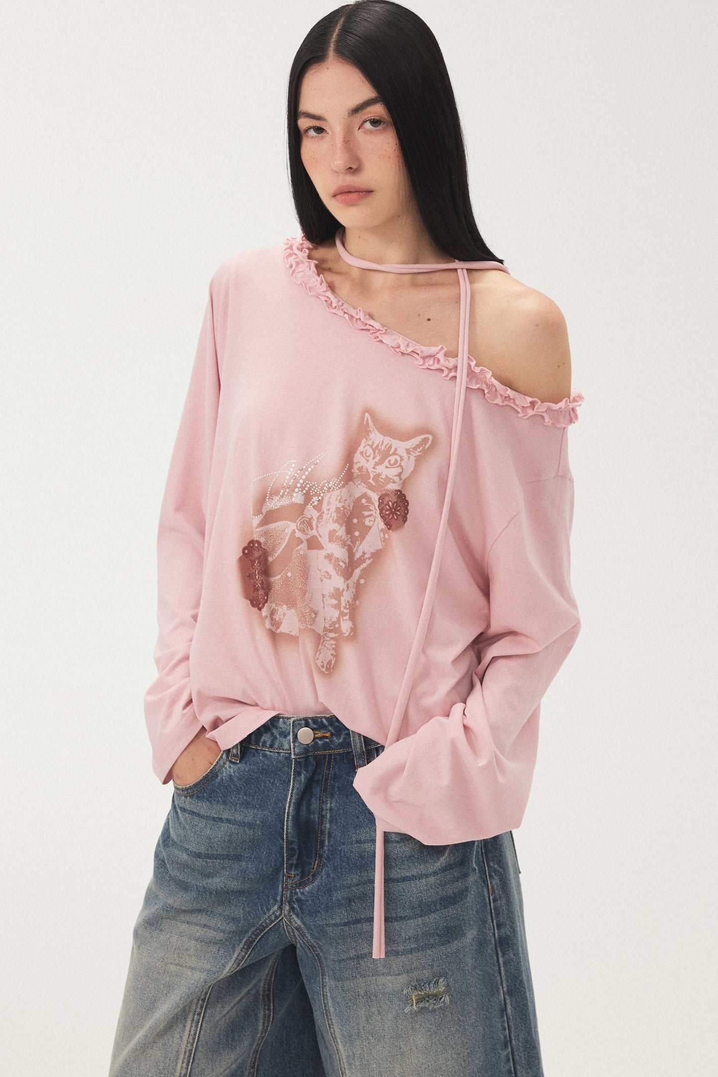 Cat Print Ruffle Off Shoulder Top