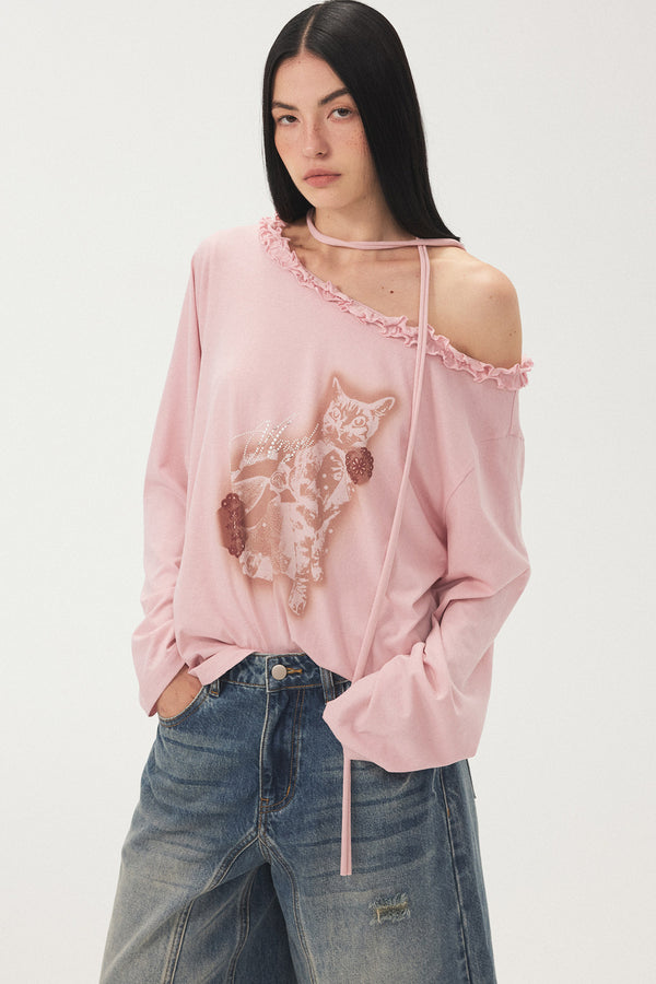 Cat Print Ruffle Off Shoulder Top