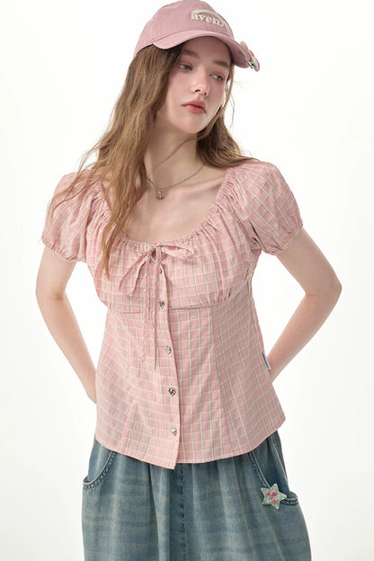 Pink Plaid Puff Sleeve Top
