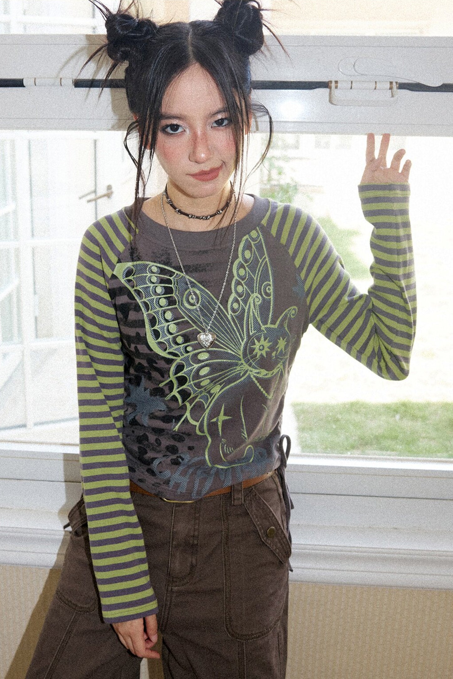 Striped Spliced Raglan Cat Print Top