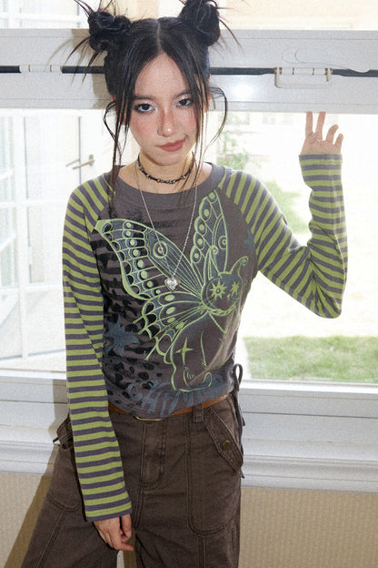 Striped Spliced Raglan Cat Print Top