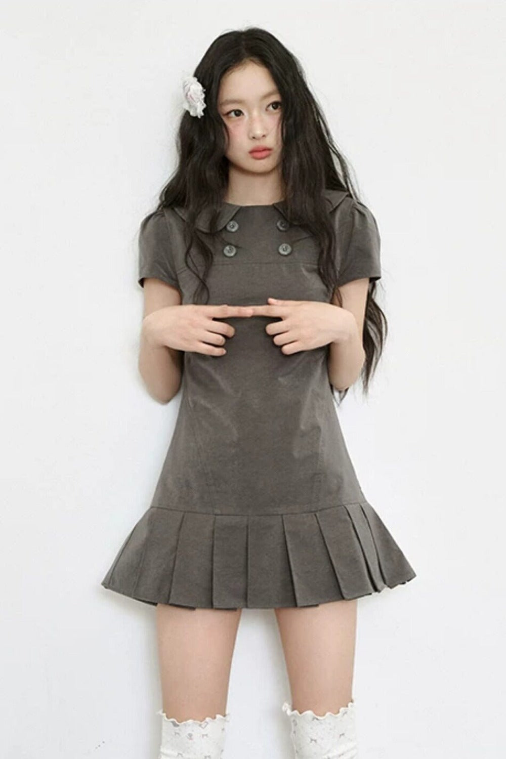 Gray Low-Waist Double-Breasted Patchwork Pleated Dress