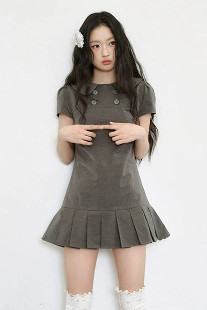 Gray Low-Waist Double-Breasted Patchwork Pleated Dress