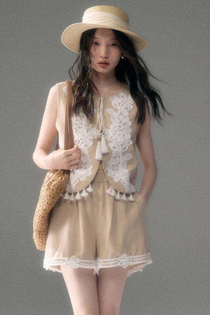 Three-Dimensional Rope Embroidery Floral Tencel Vest and Shorts Set-Up